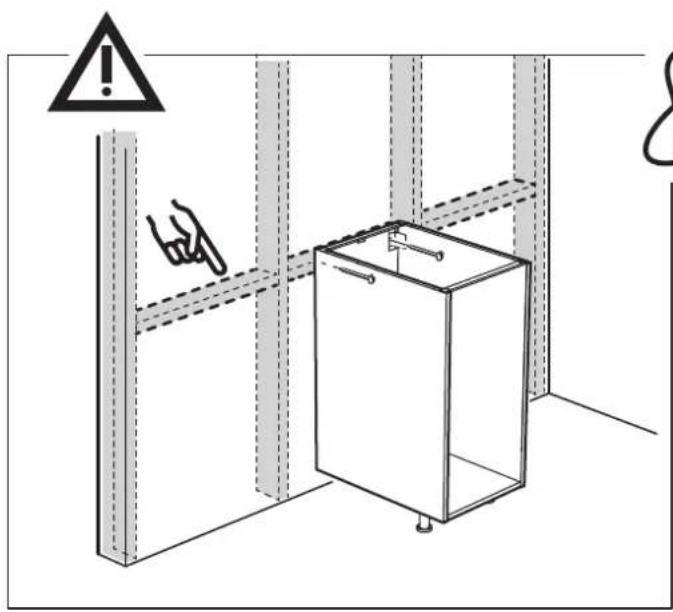 Safety warning diagram showing hand holding a tool inside a cabinet, with warning symbols and safety symbols