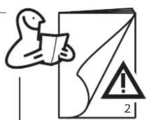 Warning symbol with a person reading a document, indicating caution or hazard, and a warning triangle labeled '2'