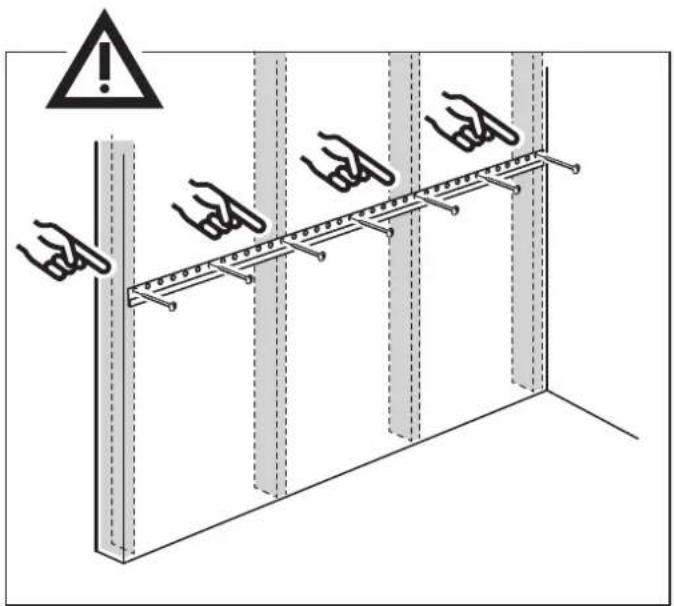 Diagram showing safety warning symbols and structural connection details with labeled components