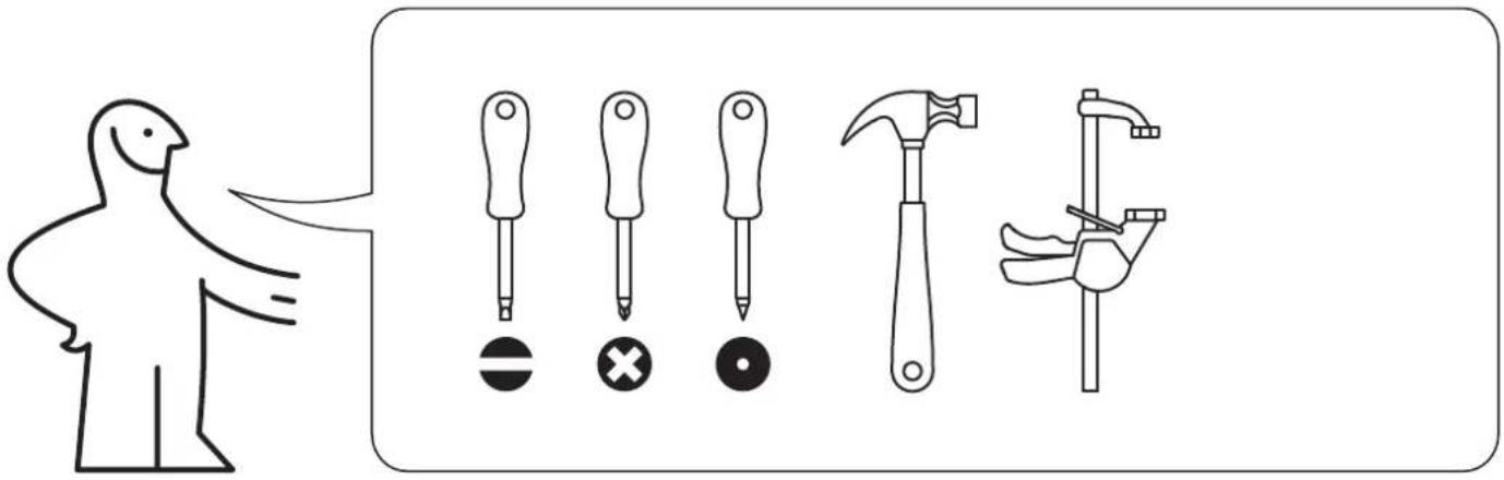 Illustration showing a person pointing to five different types of screwdriver tools: screwdriver, hammer, switch, cross, and base.