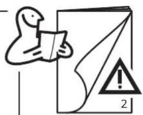 Warning symbol with a person reading a document and a warning triangle labeled '2'