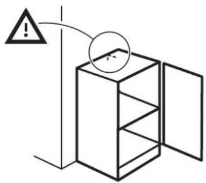 Diagram showing a cabinet with an open door and warning symbol indicating hazard or caution
