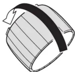 Simple line drawing of a cylindrical object with a black strap and striped pattern, no text or symbols present.