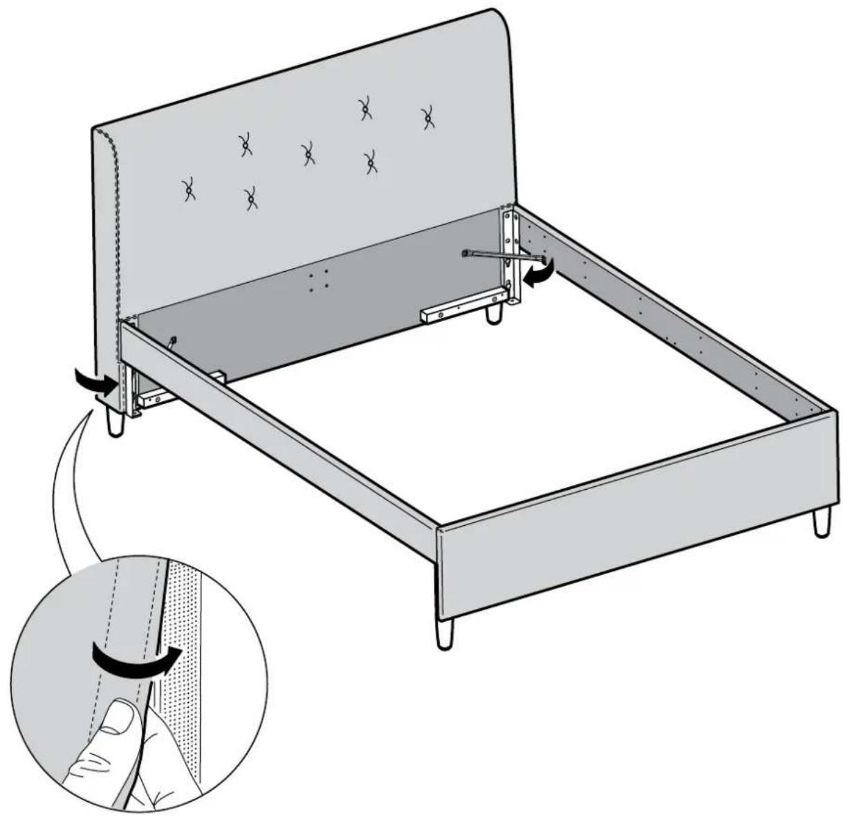 Illustration of a bed frame with a hand inserting a spring, showing structural change and fabric texture (no text or symbols)