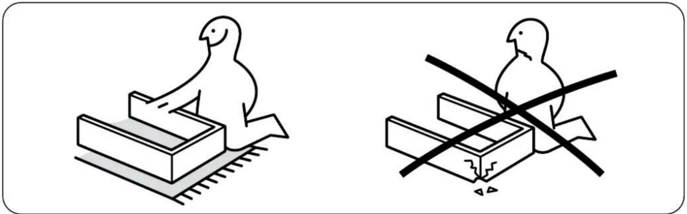 Two line drawings showing a bird perched on a platform and a bird crossed out with a diagonal line (no text or symbols)