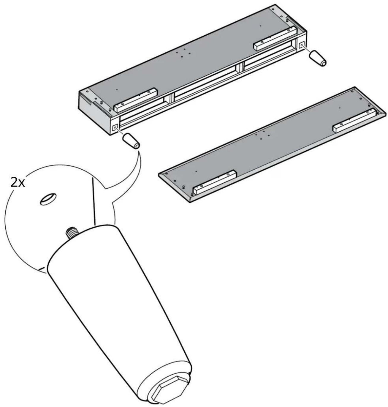 Technical line drawing of a mechanical assembly with exploded view and 2x magnified detail (no text or symbols)