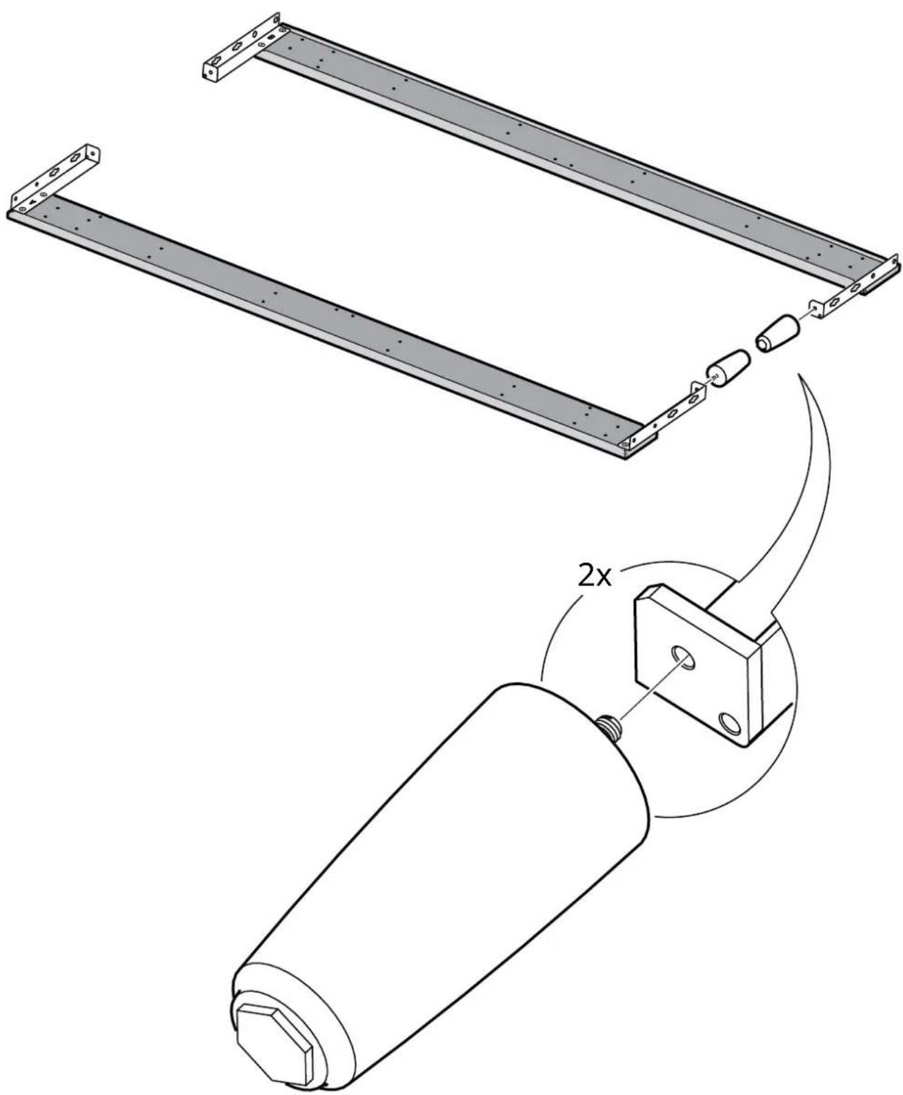 Technical line drawing of a mechanical assembly with two views: top shows a metal frame, bottom shows a cylindrical component with a 2x ratio label (no text or symbols present)