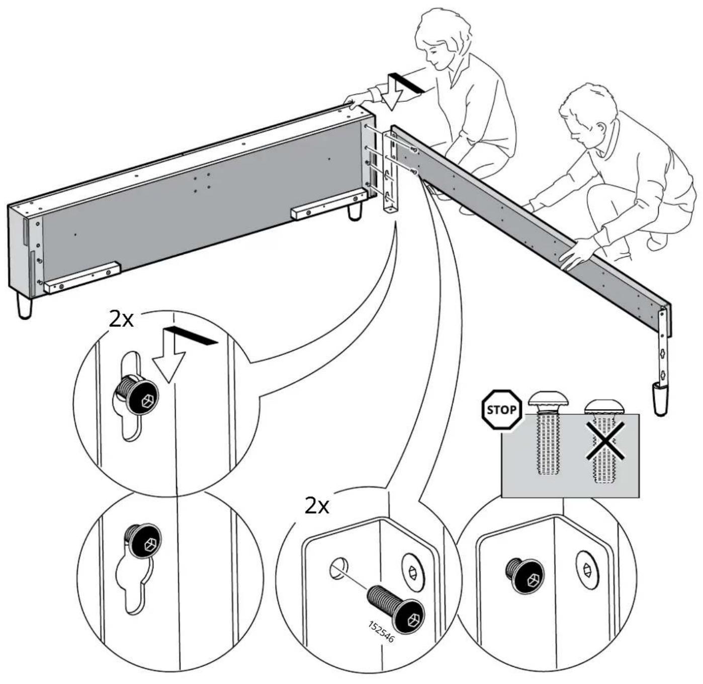 Technical diagram illustrating a mechanical assembly process with labeled components and 2x magnified views of the component.