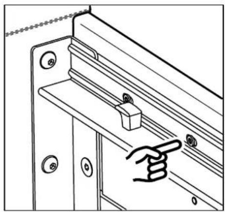Technical line drawing of a mechanical bracket with a hand pointing to a component (no text or symbols)