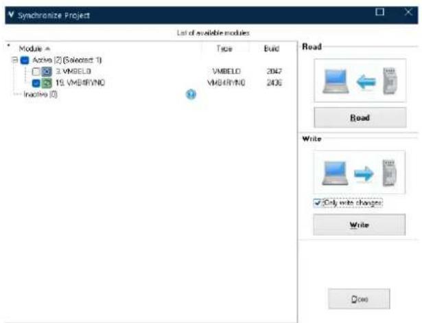 Synchronize Project List of available modules Module 4 Active (2) (Selected 1) 3.VMBELO 19.VMBELO/INO Inactive (0) Type Build VMBELO 2047 VMBELO/INO 2436 Read Read Write Only write changes: Write Open