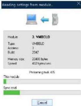 Reading settings from module. Module 3. VMBELO Type: VMBELO Address: 3 Built: 2047 Memory size: 20480 bytes Speed: 402 bytes/sec. Performing task 4/5 The module Sync total Cancel