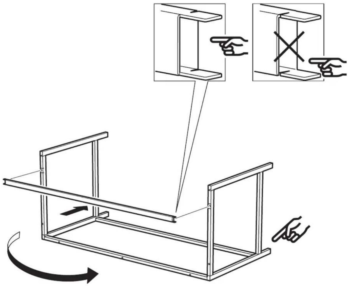 Technical diagram illustrating a mechanical assembly with force application and rotation direction, showing hand positioning and cross-section details.