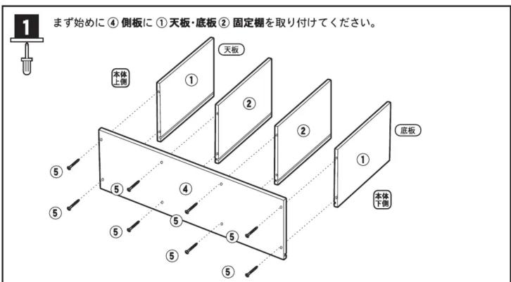1 まず始めに④側板に①天板・底板②固定棚を取り付けてください。 本体上側 ① ② ② ① 底板 ⑤ ⑤ ⑤ ⑤ ⑤ ⑤ 本体下側