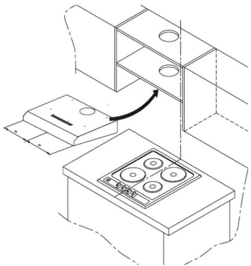 Line drawing of a kitchen appliance assembly showing a stove with four fans and a door, no text or symbols present