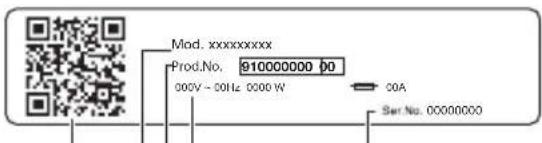 Mod. xxxxxxxxx Prod.No. 910000000 00 000V - 50Hz 0000 W COA Set No. 00000000