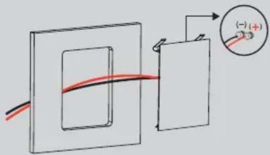 Diagram illustrating a physical setup with labeled components and a magnified inset showing polarity indicators.