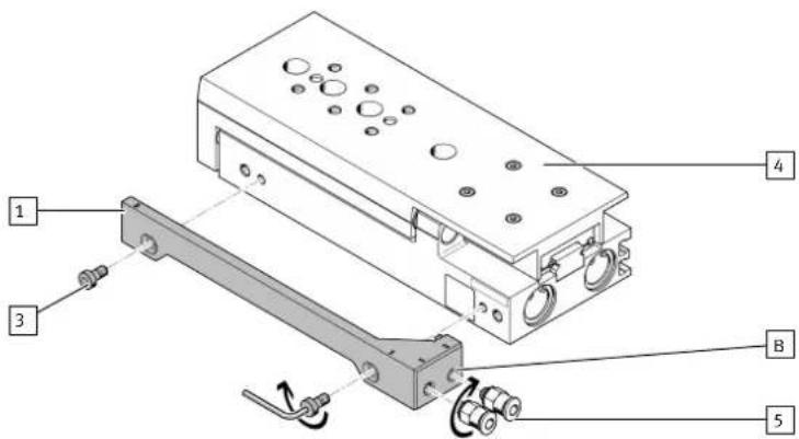 Technical diagram of an electronic device with labeled components including ports, connectors, and a lever mechanism.