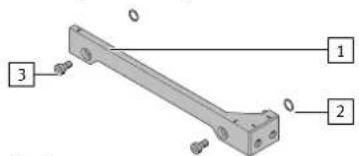 Technical diagram of a mechanical bracket with labeled parts and connection points