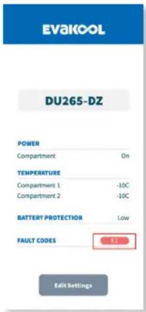 EVAKCOOL DU265-DZ POWER Compartment On TEMPERATURE Compartment 1 -10C Compartment 2 -10C BATTERY PROTECTION Low FAULT CODES E1 Edit Settings