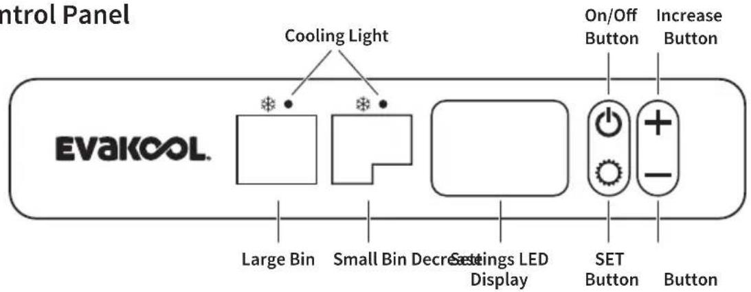 Control Panel Cooling Light EVAKool. Large Bin Small Bin Decrease Settings LED Display On/Off Button Increase Button SET Button Button