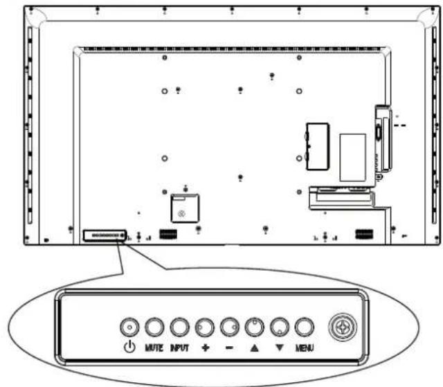 Diagram of a computer monitor rear panel with labeled ports and an analog control panel showing buttons like MUTE, INPUT, and MENU.
