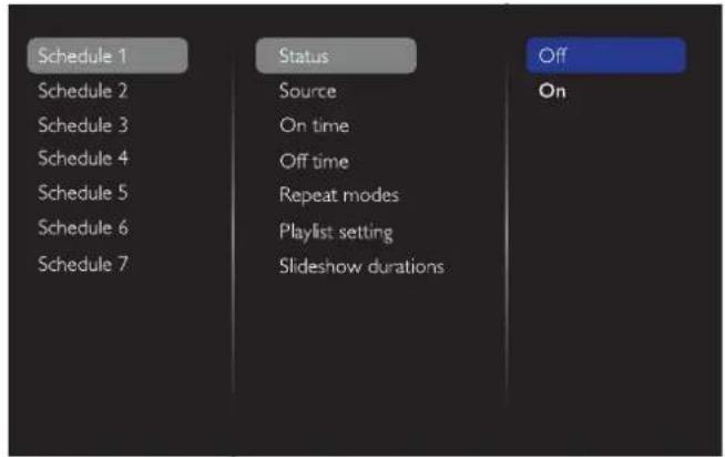 Schedule 1 Schedule 2 Schedule 3 Schedule 4 Schedule 5 Schedule 6 Schedule 7 Status Source On time Off time Repeat modes Playlist setting Slideshow durations Off On