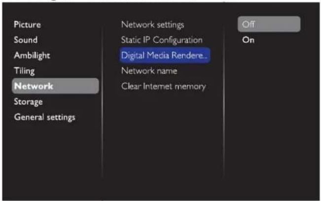 Picture Sound Ambilight Tiling Network Storage General settings Network settings Static IP Configuration Digital Media Rendere... Network name Clear Internet memory Off On
