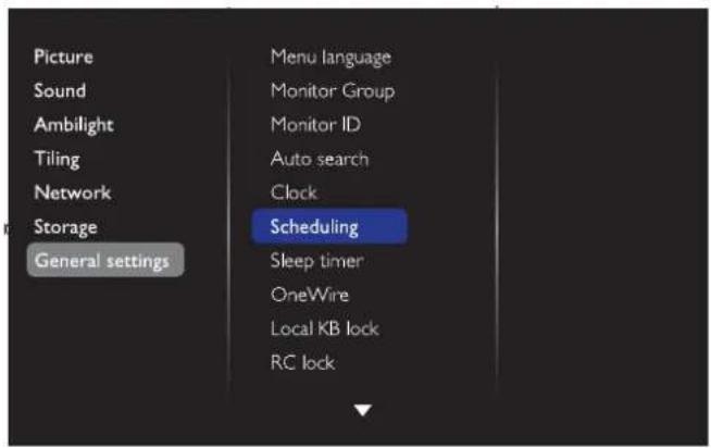 Picture Sound Ambilight Tiling Network Storage General settings Menu language Monitor Group Monitor ID Auto search Clock Scheduling Sleep timer OneWire Local KB lock RC lock