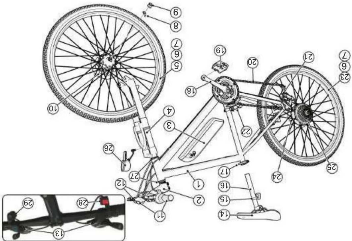Technical diagram of a bicycle with numbered parts and an inset close-up view showing front wheel details.