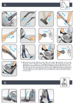 Instructional guide showing how to adjust a vacuum cleaner using a tool, with three-step steps and labeled diagrams.