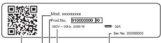 Mod. xxxxxxxxx Prod.No. 910000000 00 000V - 00Hz 0000 W COA Ser.No. 00000000