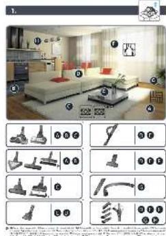Illustration of a modern living room with numbered furniture and kitchen fixtures, including handshells, showerheads, and bathroom fixtures.