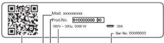 Mod. xxxxxxxxx Prod.No. 910000000 00 000V - 50Hz 0000 W COA Ser.No. 00000000