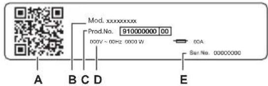 Mod. xxxxxxxxx Prod.No. 910000000 00 000V ~ 00Hz 0000 W → 00A Ser.No. 00000000 A B C D E