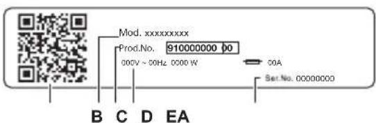 Mod. xxxxxxxxxx Prod.No. 910000000 00 000V ~ 50Hz 0000 W COA Set.No. 00000000 B C D EA
