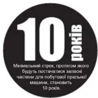 10 років Мінімальний строк, протягом якого будуть постачатися запасні частини для побутової пральної машини, становить 10 років.