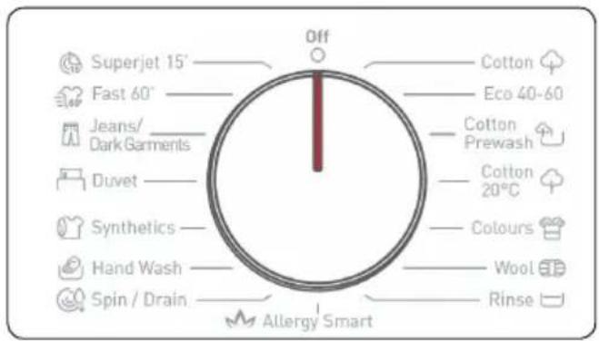 Superjet 15° Fast 60° Jeans/ Dark Garments Duvet Synthetics Hand Wash Spin / Drain Off Cotton Eco 40-60 Cotton Prewash Cotton 20°C Colours Wool Rinse Allergy Smart