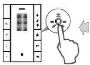 Diagram showing a device with labeled buttons and a hand pointing to a circular dial indicator.