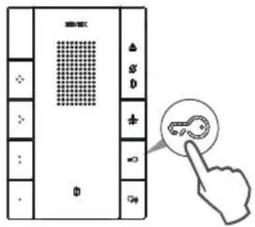 Diagram showing a device panel with labeled buttons and a finger pointing to a key icon, likely illustrating a control or interface.