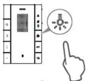 Diagram showing a device panel with labeled buttons and a hand pointing to a circular dial indicator.