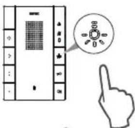 Diagram showing a device panel with labeled buttons and a hand pointing to a circular icon containing three connected components.
