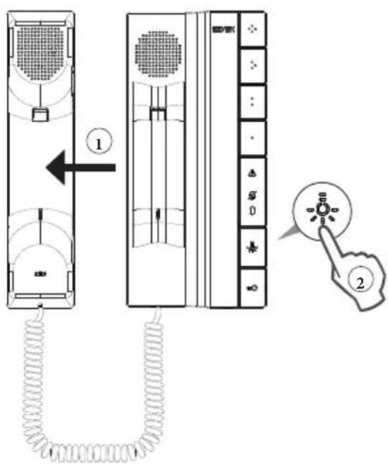 Diagram showing a telephone handset with labeled parts and a finger pointing to a control knob.