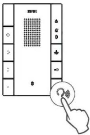 Diagram showing a device with labeled buttons and a finger pointing to a button, likely illustrating a control or interface.