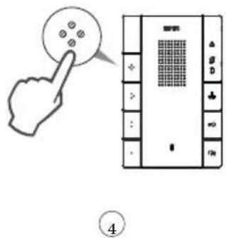 Diagram showing a hand pointing to a circular icon with four dots, next to a device panel with a grid and control buttons.