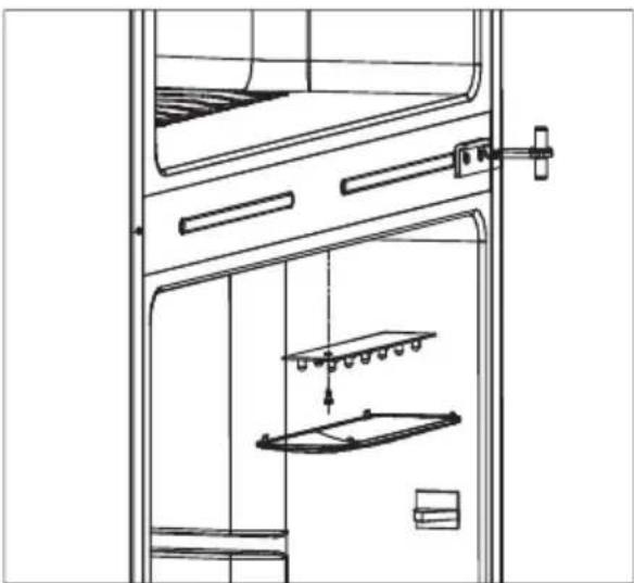 Technical line drawing of a cabinet or storage unit with internal compartments and hanging components (no text or symbols)