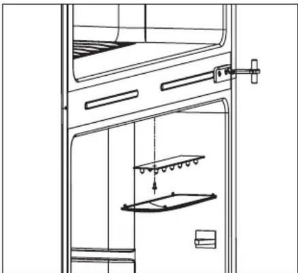 Technical line drawing of a cabinet or storage unit with internal compartments and a hanging handle (no text or symbols)
