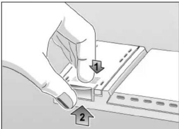 Diagram showing a hand pressing a component with two labeled arrows indicating steps 1 and 2.