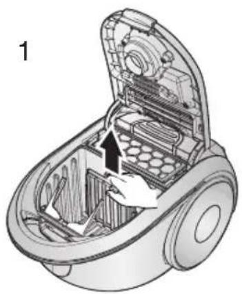 Cutaway diagram of a vacuum cleaner's internal components, showing open casing and internal compartments (no text or labels)