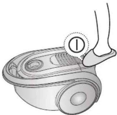 Illustration of a foot cleaning a small robotic vacuum cleaner (no text or symbols)