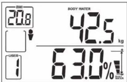 BMI 20.8 BODY WATER 42.5 kg USER 6.30% BODY WATER